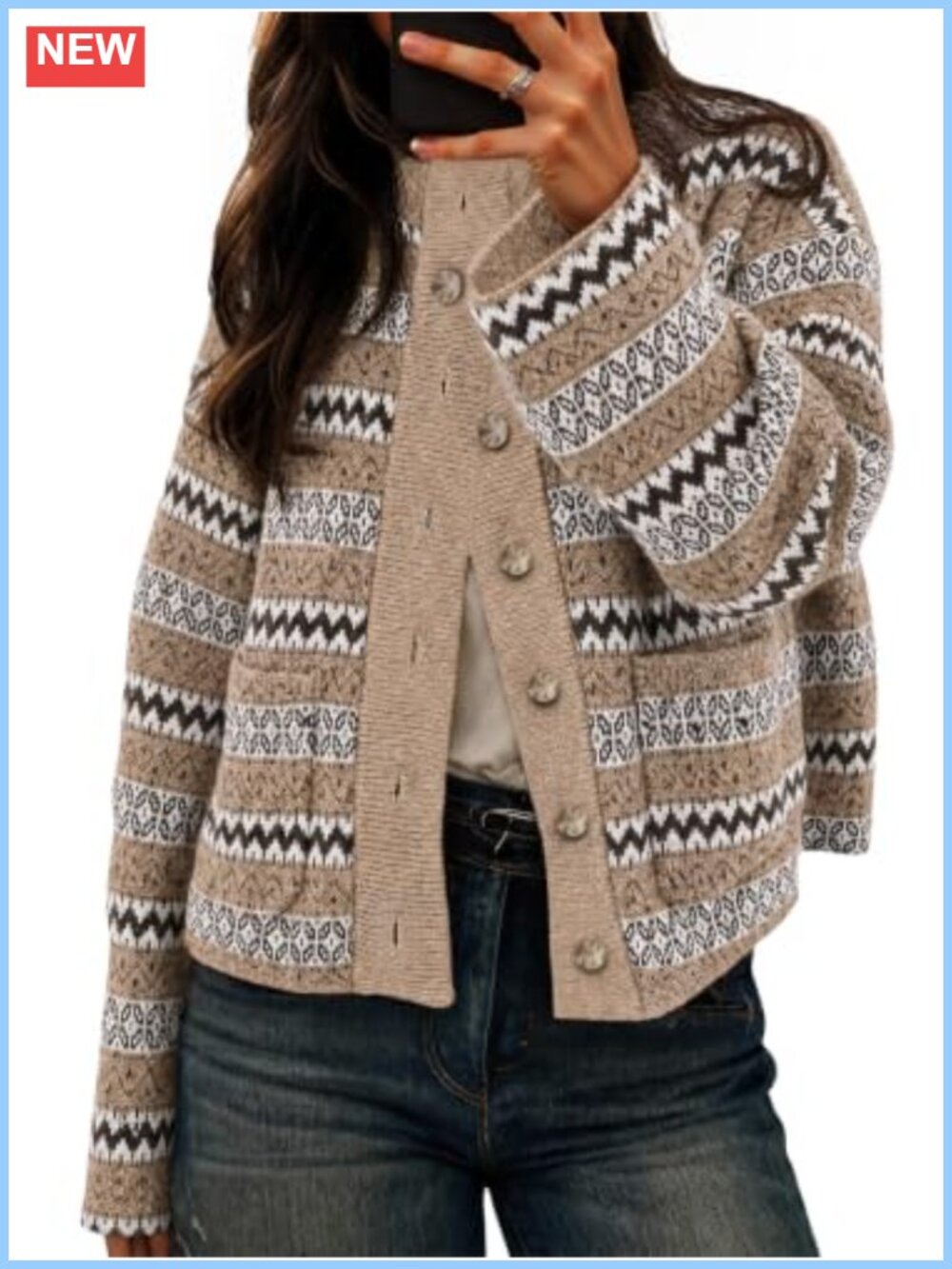 Fair Isle Cardigan Long Sleeve Mock Neck Knit Sweater